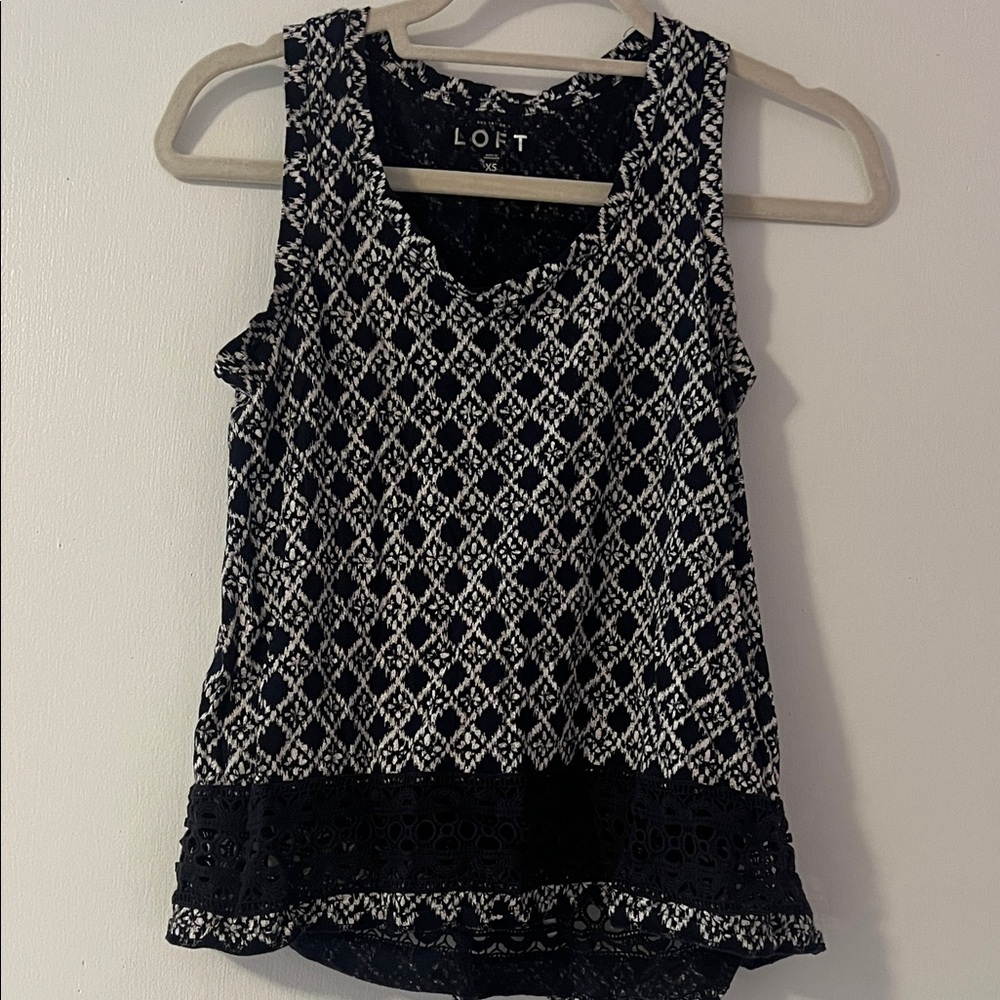 LOFT Navy and White Geometric Blouse